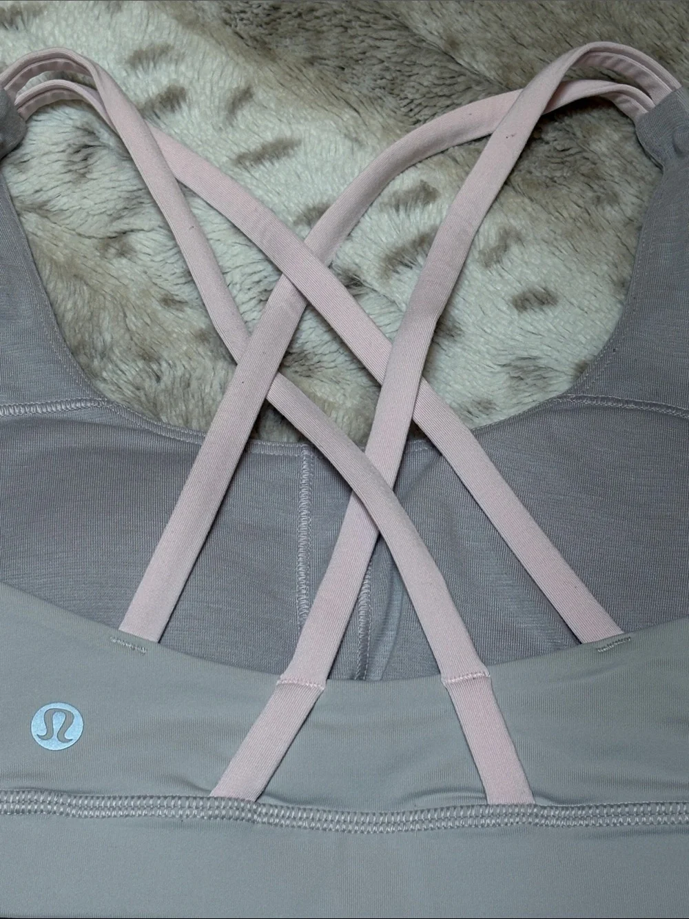 lululemon Energy Bra in Light Gray with Pale Pink Strappy Back, Size 4